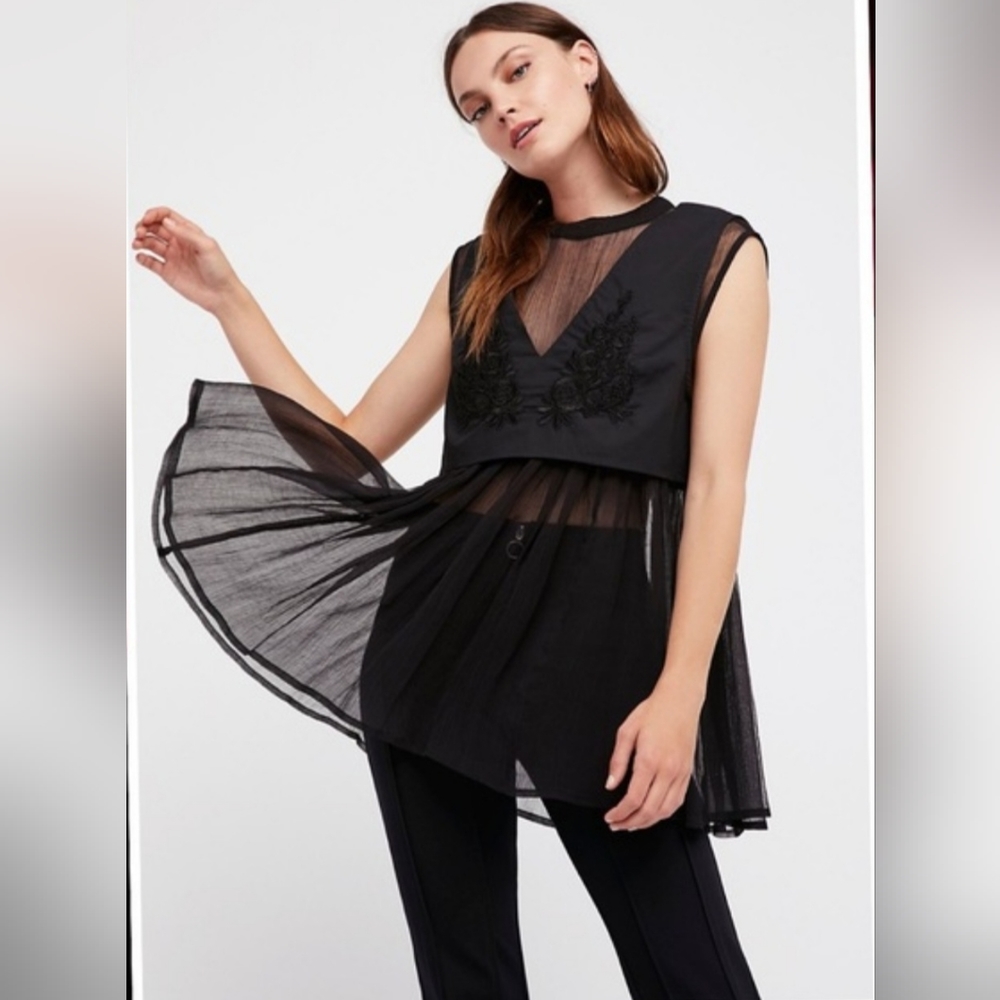 Free People Black Sheer Embroidered Tunic Top